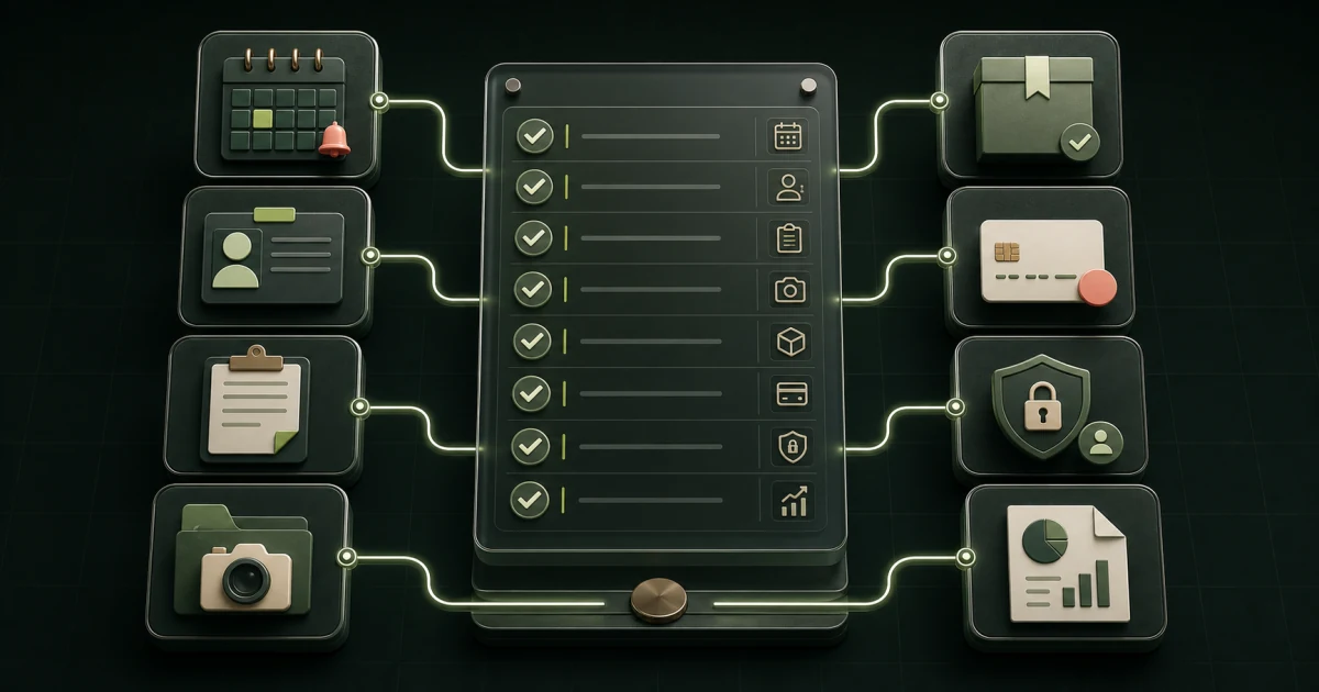 Connected clinic software modules surrounding an eight-part requirements checklist