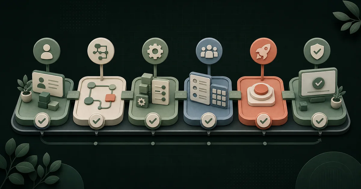 Six connected clinic software implementation gates show ownership, workflow mapping, configuration, team rehearsal, launch, and verified operations
