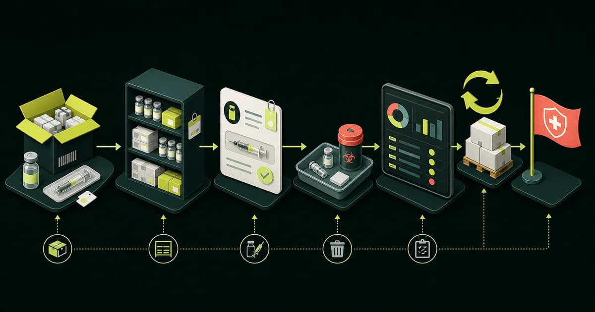 Medical aesthetics inventory workflow from receiving and storage through treatment use, waste, reconciliation, reorder, and recall review