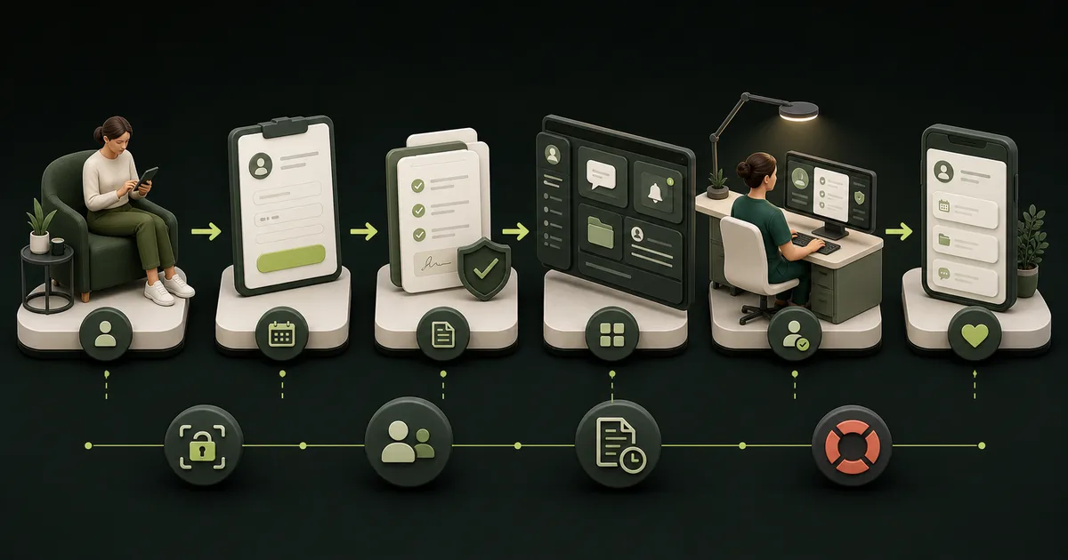 Medspa patient portal journey from mobile enrollment and forms through secure access, staff review, follow-up, identity checks, roles, audit history, and support