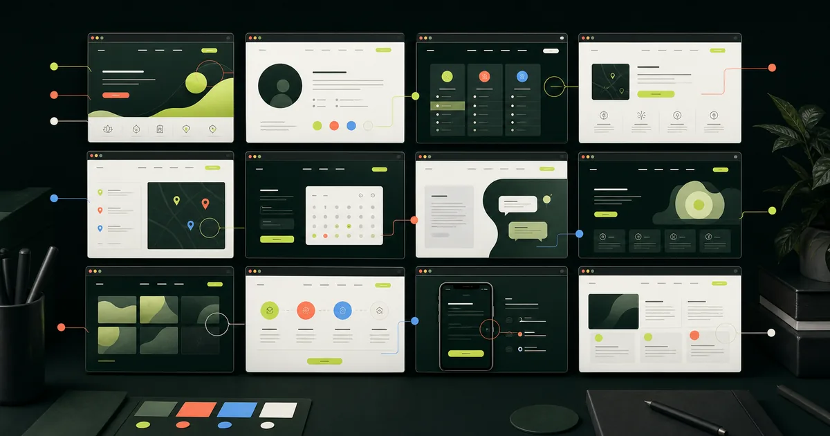 Design review board with twelve original medspa website screen concepts and colored annotation markers